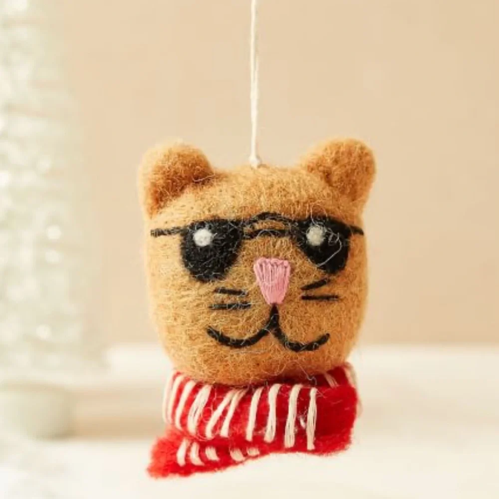 Felt cool cat ornament made in Nepal New in pack west elm